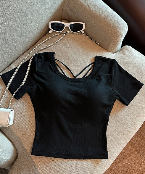 背中あきトップス カップ付き ブラトップ カットソー レディース 丸首ネックTシャツ バッククロス 韓国風 バックオープン 短い丈 無地お洒落ヨガウェア セクシー 89BEIM-001